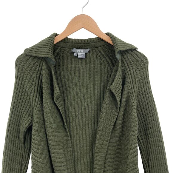Per Se Cardigan Sweater Womens Small Dark Green Knit 100% Merino Wool Open Front - Picture 4 of 14